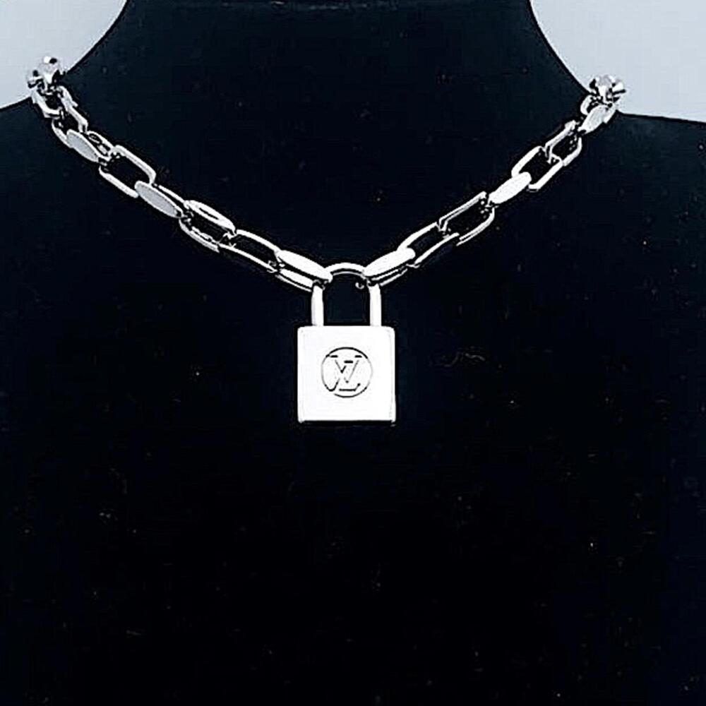 Silver Luxury Lock Chain Link Necklace Cuban Lux Four Leaf Clover